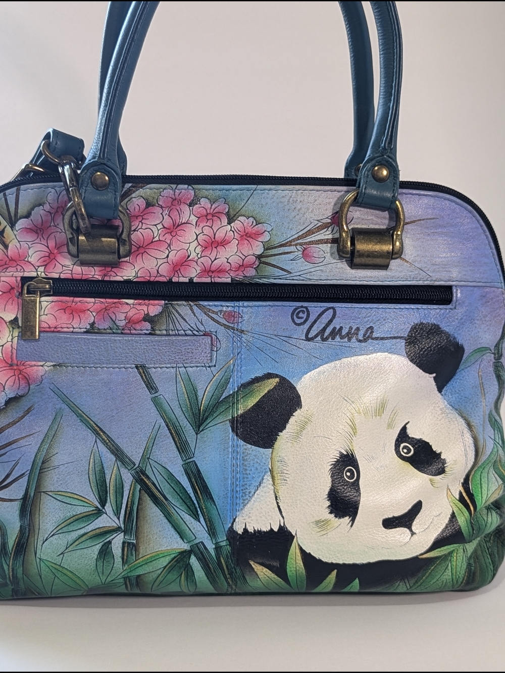 Anuschka Hand Painted Leather Satchel Panda Floral Crossbody Shoulder Bag Art